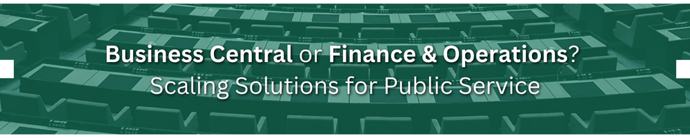 Business Central or Finance & Operations? Scaling Solutions for Public Service. Shows an image of seats at a senate hearing.